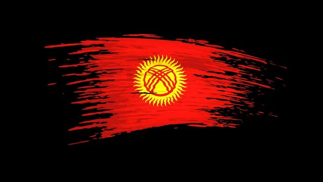 Kyrgyzstan flag animation. Brush painted kyrgyz flag, transparent background. Brush strokes. Kyrgyzstan state patriotic national banner template. Place for text. Animated design element, seamless loop
