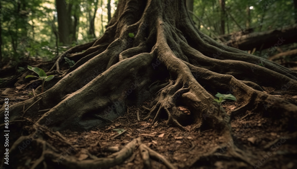 Poster ancient tree trunk intertwined with nature strength generated by ai