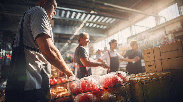 A Team Of Grocery Store Workers Collaborating To Unload A Delivery Truck, Grocery Store, Blurred Background