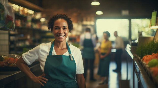 A friendly greeter welcoming customers at the entrance of the store, Grocery store, blurred background
