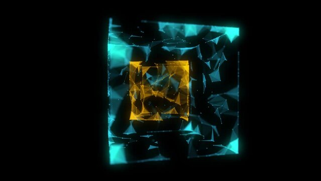 Abstract colors sci-fi cube with particle and line with digital indicators. Technology network connection on world. Global digital connections ai. Wireframe cube. Blockchain encryption. 3D rendering.