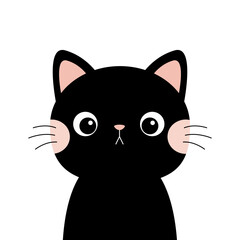 Black cat face head silhouette icon. Pink cheeks. Cute sad kitten. Cartoon funny baby character. Funny kawaii animal. Pet collection. Sticker print. Flat design. White background. Isolated.