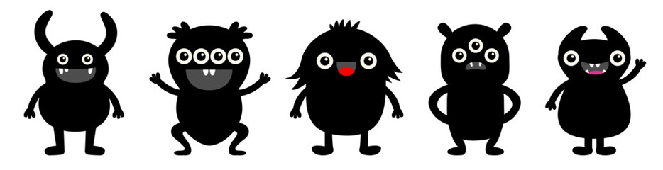 Happy Halloween. Cute monster set line. Black monsters with different emotions. Cartoon kawaii boo character. Funny head face. Childish baby collection. White background. Flat design.