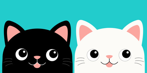 White black cat smiling sad head face set icon. Funny kawaii doodle animal. Cute cartoon funny baby character. Pink cheeks. Pet collection. Sticker print. Flat design. Blue background. Isolated