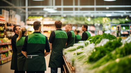 A team of employees coordinating the setup of a seasonal display, Grocery store, blurred background