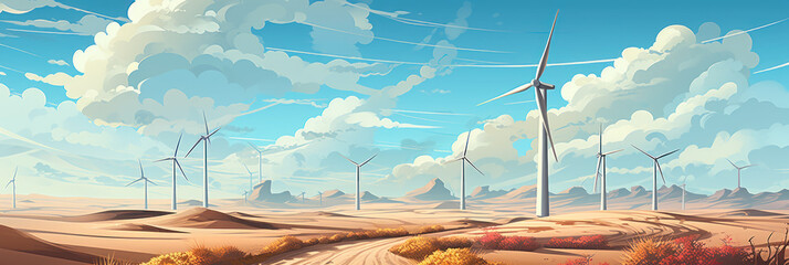 Wind turbines in the desert, alternative energy sources, green eco energy, illustration banner - obrazy, fototapety, plakaty