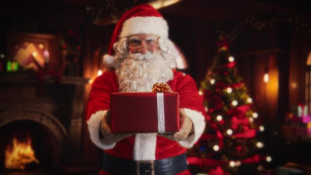 Merry Santa Claus Standing in a Magical Decorated Room, Offering Beautifully Wrapped Red Gift. Father Christmas Giving Presents to Kids. Concept of Christmas and New Year's Winter Holidays Celebration
