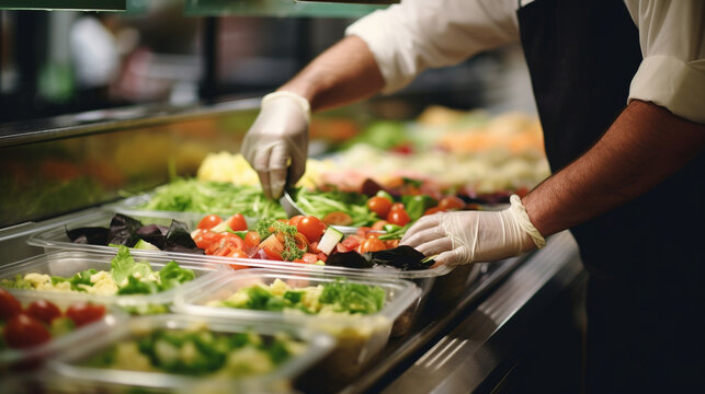 A deli employee preparing sandwiches and salads for the deli counter, Grocery store, blurred background - Powered by Adobe