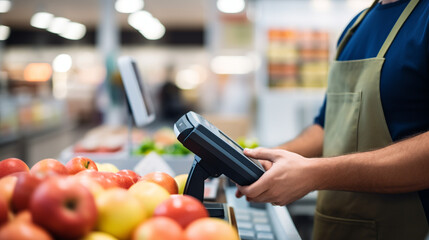 A cashier providing contactless payment options for a customer, Grocery store, blurred background - obrazy, fototapety, plakaty