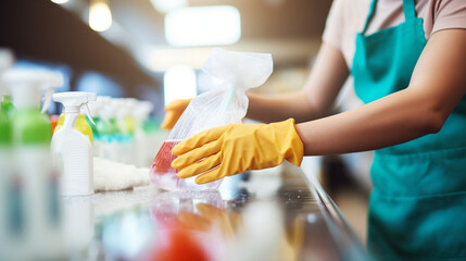 An employee working diligently to clean and sanitize shopping baskets, Grocery store, blurred background