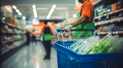 An employee working diligently to clean and sanitize shopping baskets, Grocery store, blurred background