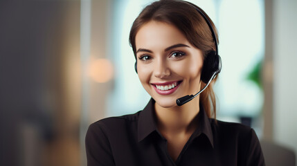 Friendly female call assistant working at a call center office. Online remote advisory session with available copy space
