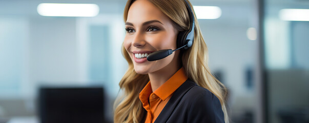 Friendly female call assistant working at a call center office. Online remote advisory session with available copy space - obrazy, fototapety, plakaty