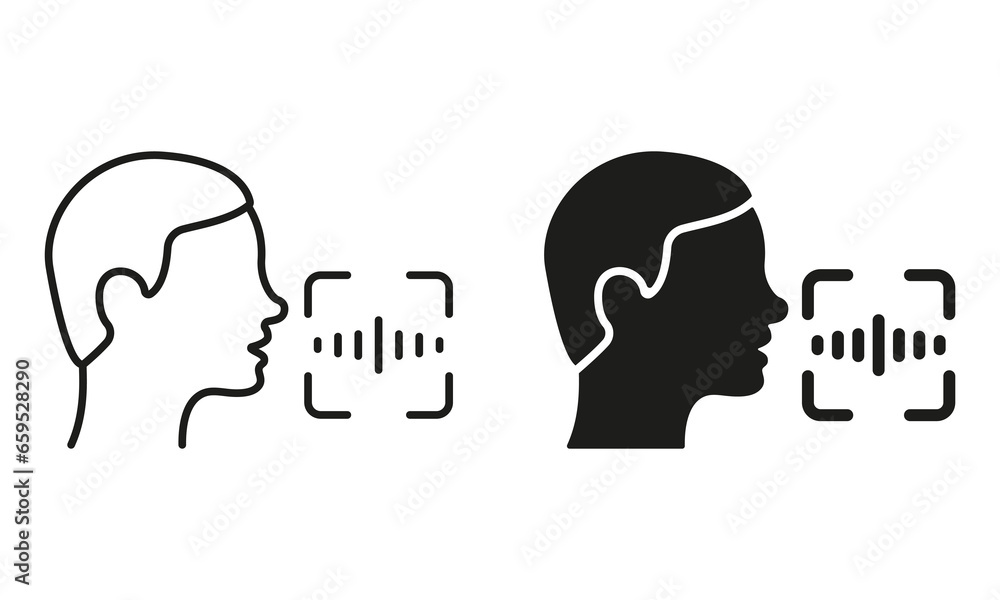 Poster identification by voice pictogram. voice assistant. speak for access symbol collection. command voic