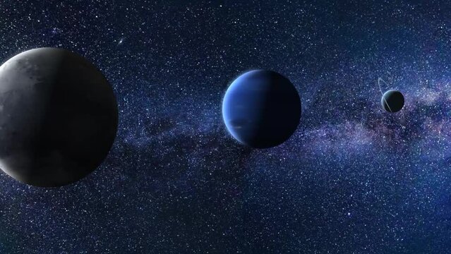 Animated spinning planet Neptune, Uranus, Pluto in dark galaxy view, stars, asteroids, milky way. Animation, space, universe, cosmos.