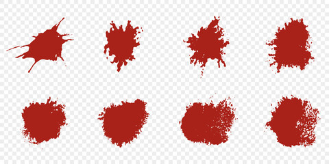 Paint Stain Texture, Blood Drip Spatter Set. Red Grunge Splash. Bloodstain Splatter. Crime Mark Collection. Messy Ink Splat, Abstract Pattern on Transparent Background. Isolated Vector Illustration