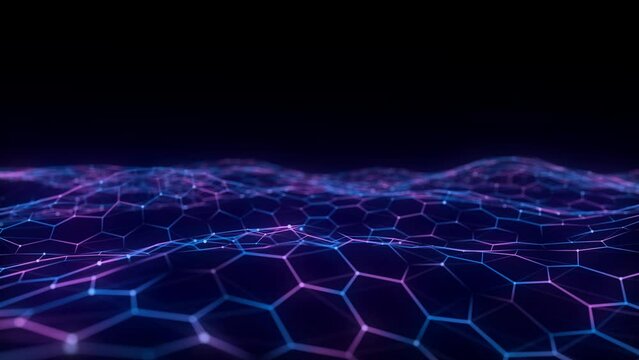 Futuristic hexagon wave. Dark cyberspace. Abstract wave with dots and line. Colors moving particles on a black background. 3d rendering.
