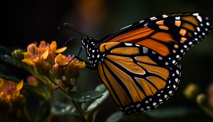 Vibrant monarch butterfly pollinates spotted flower in natural tranquility generated by AI