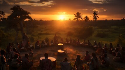 Group Enjoying Sunset in Tropical Landscape - obrazy, fototapety, plakaty