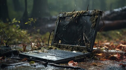 throw away laptop computer broken and dirty, envirnoment - obrazy, fototapety, plakaty
