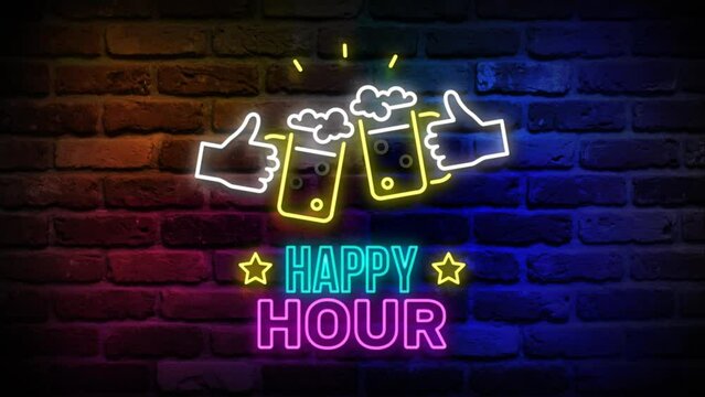 Animated flickering happy hour writing with beer glasses neon on the wall. Animation, motion graphics design.