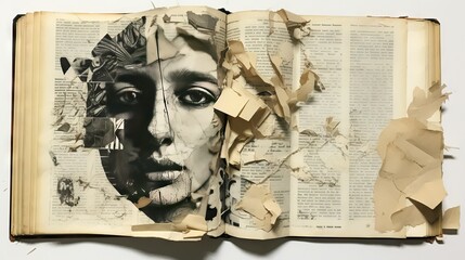 womans face torn pages with womans face