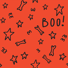 Halloween doodle. Seamless pattern with stars and bones for Halloween. Orange color decor