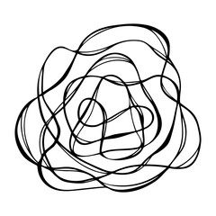 Abstract black tangled wavy line in a circle isolated on a white background, hand-drawn. Decorative background for design and decoration. A randomly confused thought. An unwound chaotic tangle.