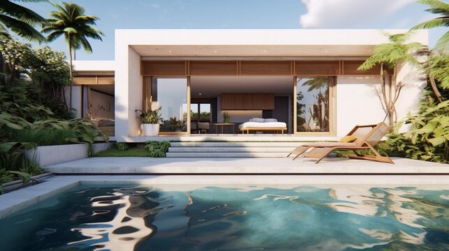 modern simple 200sqm tropical villa with swimming.Generative AI