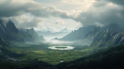  a landscape of mountains and a lake in the middle of it.  generative ai