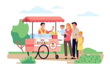 Young family with children buy ice cream at cart kiosk. Street food booth in park. Vendor at outdoor counter. Mother and father together with kids. People walk in nature. Vector concept
