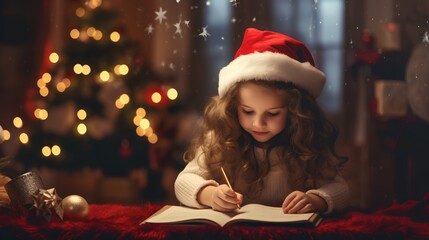 Young girl writing a letter to Santa Claus, sitting comfortably in her home near a beautifully decorated Christmas tree. Cute, cozy and warm atmosphere with magical spirit of the holiday season. - obrazy, fototapety, plakaty