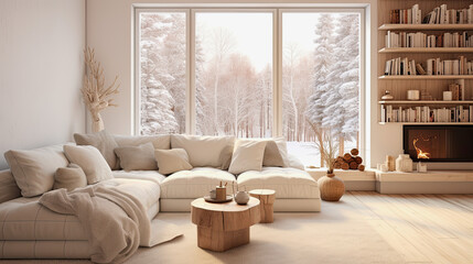 Obraz premium ai generative, cosy living room in a beige scandinavian style with wooden elements