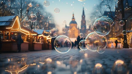 Soap bubbles floating in air with blurry Christmas market in backdrop. Magical, beautiful, and playful winter vibe, perfectly encapsulating the joyous spirit of the holiday season.