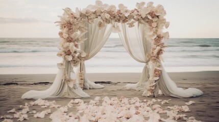 a beachfront wedding altar adorned with seashells, driftwood, and billowing fabric, capturing the essence of coastal romance