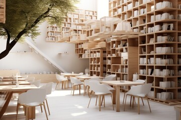 Interior of a bookstore cafe as a third place for gen z and millennials. Community in urban remote young workers 