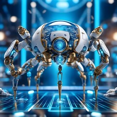 Entdecken Sie die Zukunft der Medizin und Forschung: Unser Spider-Bot, inspiriert von Natur, erkundet eine stilisierte High-Tech-Welt im Inneren eines Computers oder Labors. - obrazy, fototapety, plakaty