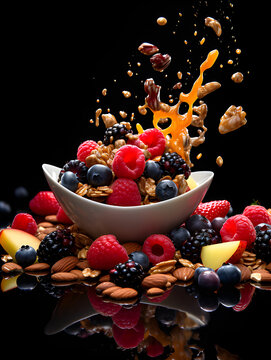 Uma tigela com frutas e cereais explodindo sabor