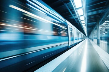 Fototapeta na wymiar Fast express passenger train, futuristic conceptual technology on high speed railway. Generative AI