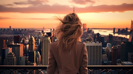 Fototapeta na wymiar Cityscape Serenity: Businesswoman Admiring Urban Sunset