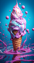Um delicioso sorvete de casquinha com um fundo azul - obrazy, fototapety, plakaty