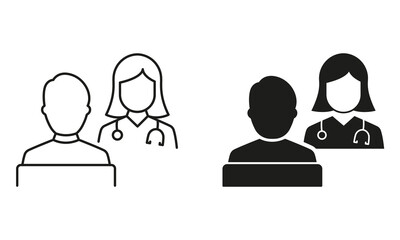 Psychotherapist Talk with Client. Hospital Physician Counseling Patient Line and Silhouette Icon Set. Patient and Doctor Consultation. Health Care Symbol Collection. Isolated Vector Illustration