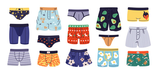 Men underwear. Male trunks, briefs and panties. Everyday clothes. Lingerie with prints. Boys undergarment. Casual underpants. Boxers and shorts. Cotton underclothes. Garish vector set