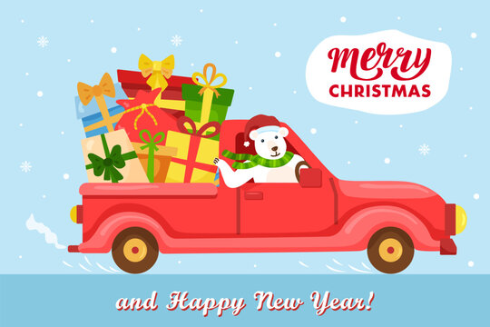 Funny flat Polar Bear drives red car with gifts and bag on snowy background. Vector cartoon Merry Christmas illustration. Image of cute winter character with smile for holiday season greeting poster