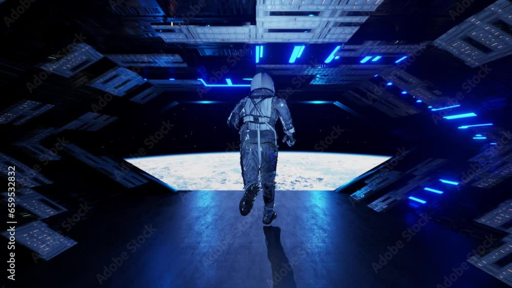 Wall mural astronaut running inside a spaceship and jumping into space