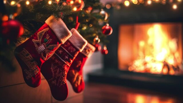 A close-up of Christmas socks, in which gifts for children are hidden on Christmas Eve, against the background of a fireplace in which a fire is burning.