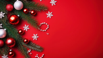 Obraz premium Christmas flat lay with pine, confetti and balls, on red background with copy space. Top view. Generative AI