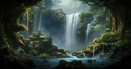 waterfall in the jungle - obrazy, fototapety, plakaty