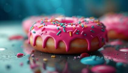 Indulgent baked donut with pink icing, chocolate and strawberry decoration generated by AI