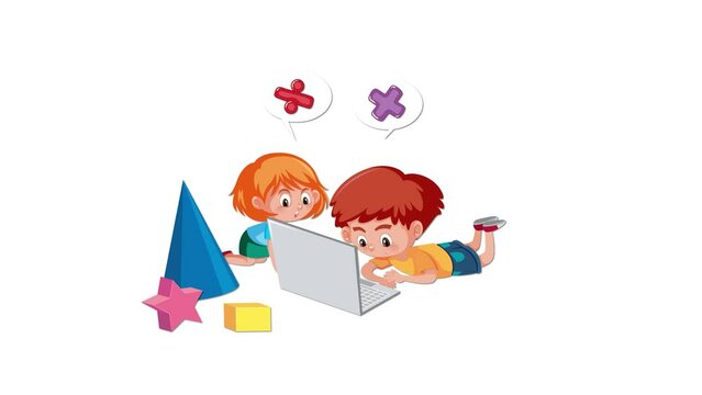 Boy and girl using laptop to learn math with geometry shapes